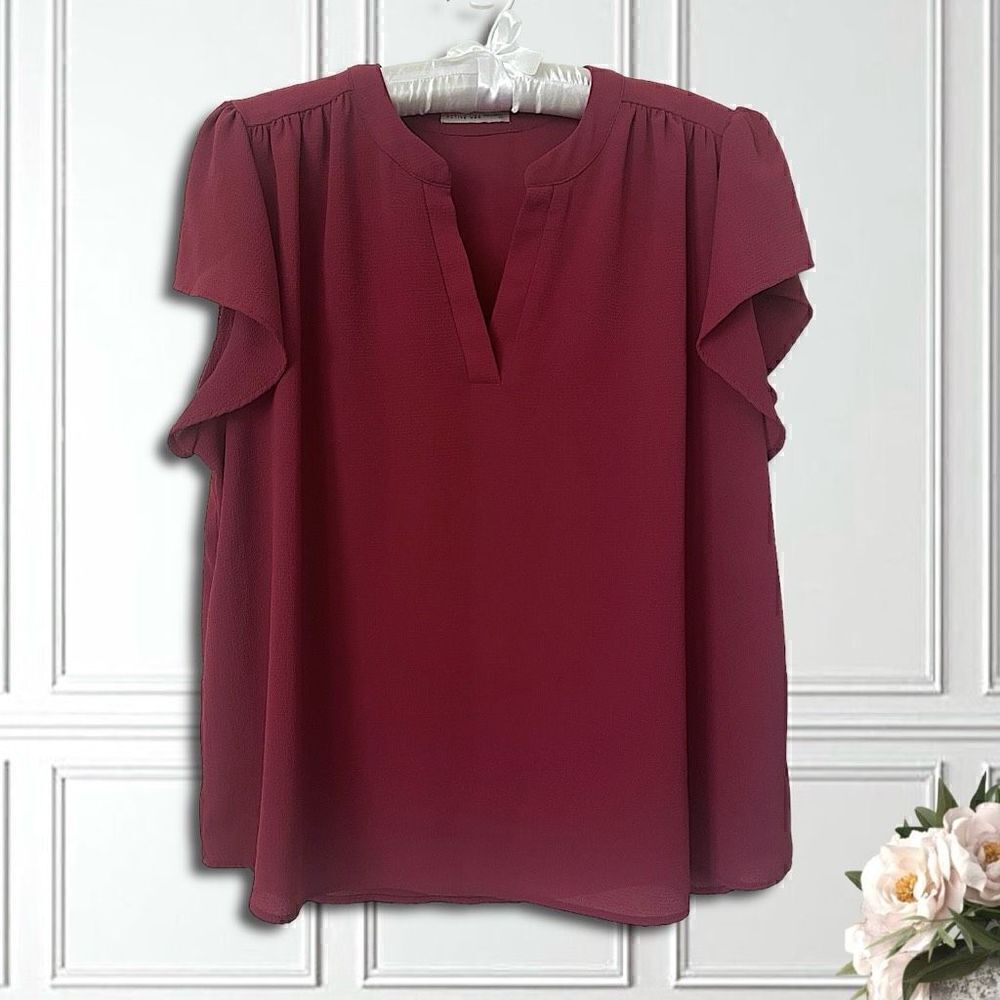 Active USA Cranberry Red V Neck Flutter Sleeve Top Sz 1X